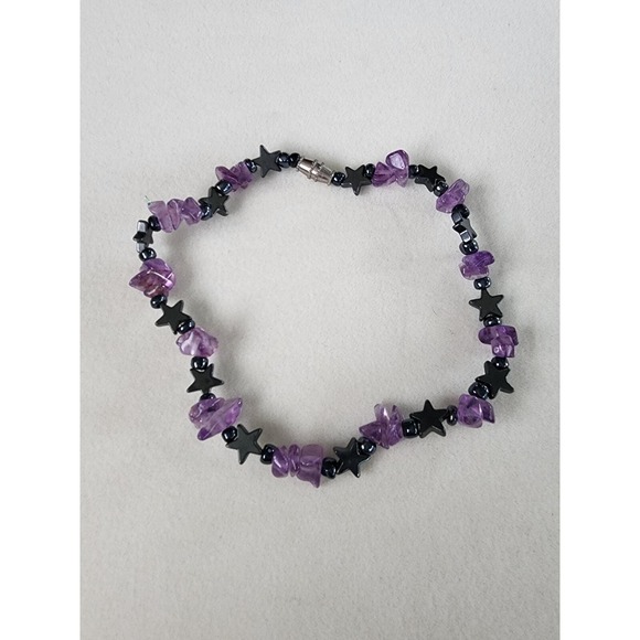 The Unbranded Brand Jewelry - Genuine AMETHYST Chip With Gunmetal Gray Stars Bracelet Hand Crafted FREE $HIP!!